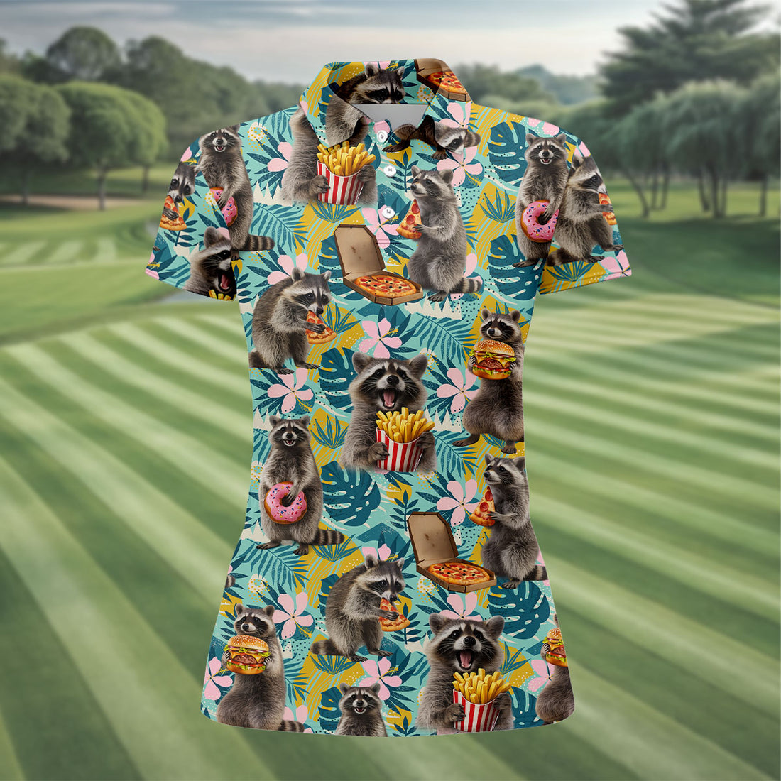 Funny Raccoons Enjoying Burgers, French Fries Design Hawaiian Golf Polo, Golf Tops For Women, Golfing Apparel