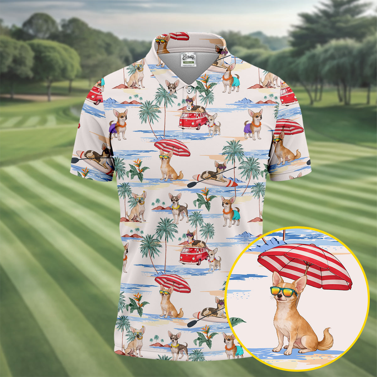Summer Chihuahua Paradise Pattern Hawaiian Golf Polo, Golf Tops For Men, Golfing Apparel