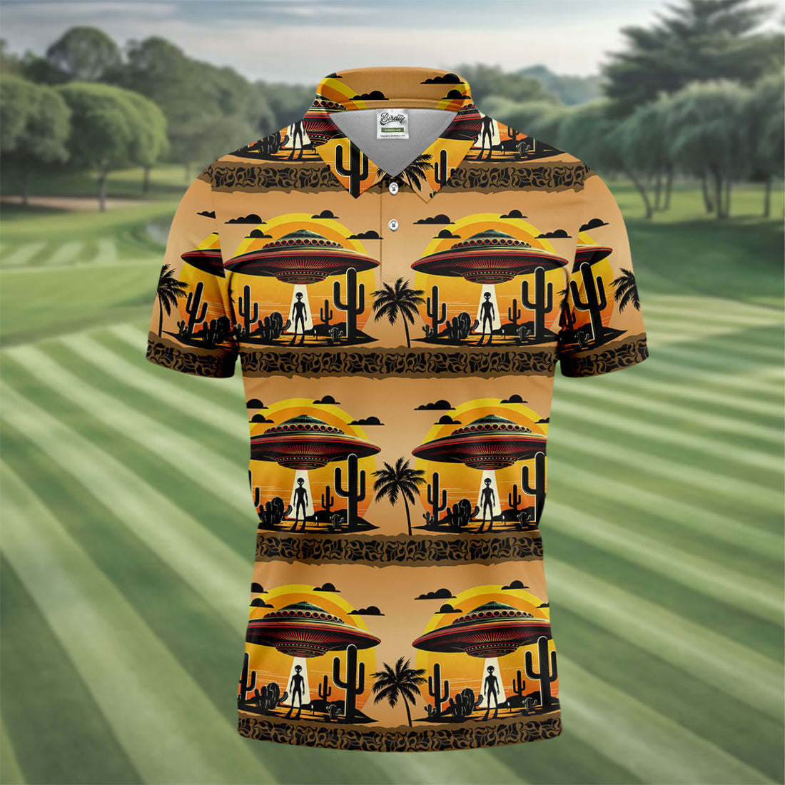 UFOs, Aliens and Cactus Desert Scene Hawaiian Golf Polo, Golf Tops For Men, Golfing Apparel