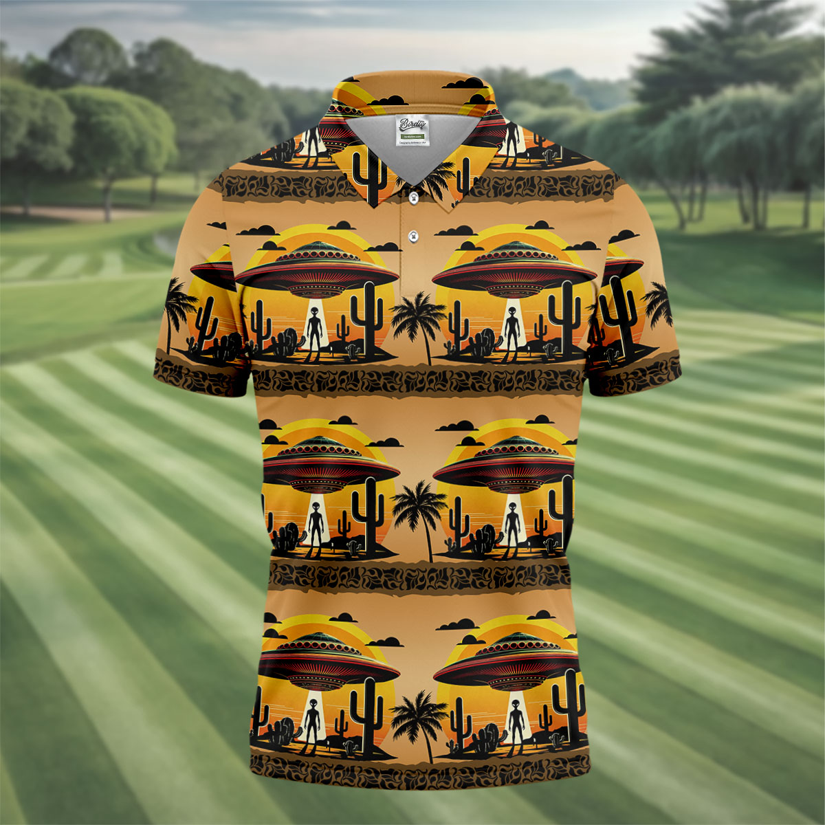 UFOs, Aliens and Cactus Desert Scene Hawaiian Golf Polo, Golf Tops For Men, Golfing Apparel