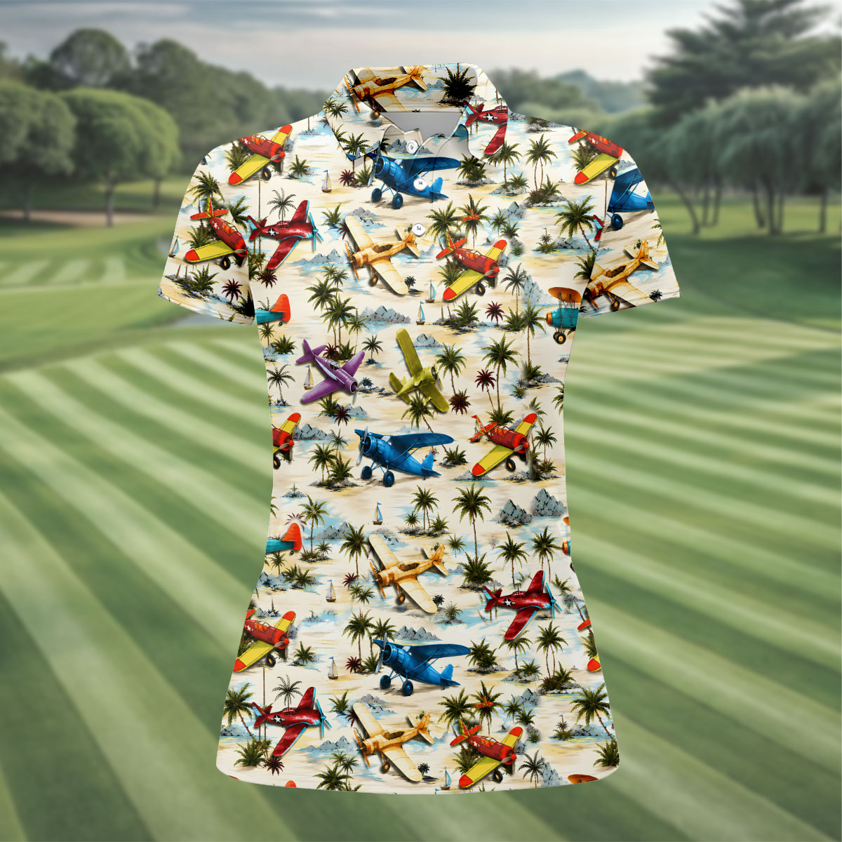 Vintage Airplane Hawaiian Golf Shirt, Tropical Aircraft Pattern, Polo Shirts For Women