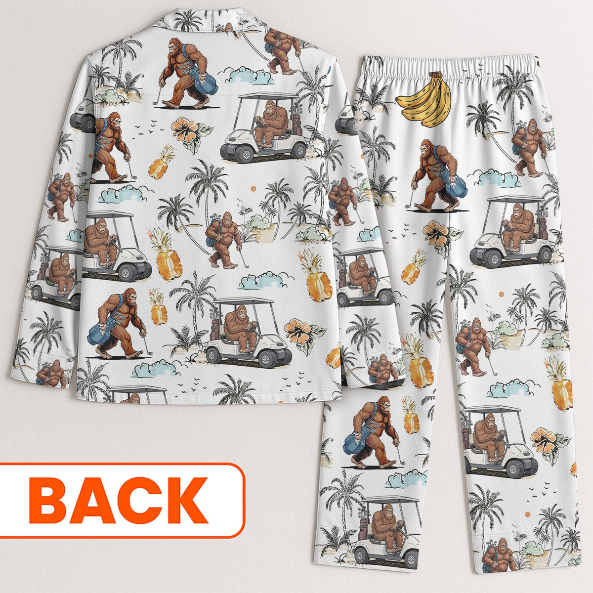 Funny Bigfoot Tropical Pajama, White Satin Pajama, Long Sleeve Pajama Set, Fun Pajama Sets
