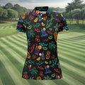 Neon Shark And Cocktail Pattern Hawaiian Golf Shirt, Women's Golf Tops, Ladies Golf Shirts