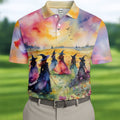 Watercolor Witch Gathering Halloween Golf Polo Shirt, Printed Golf Shirts, Golf Polo Shirts For Men