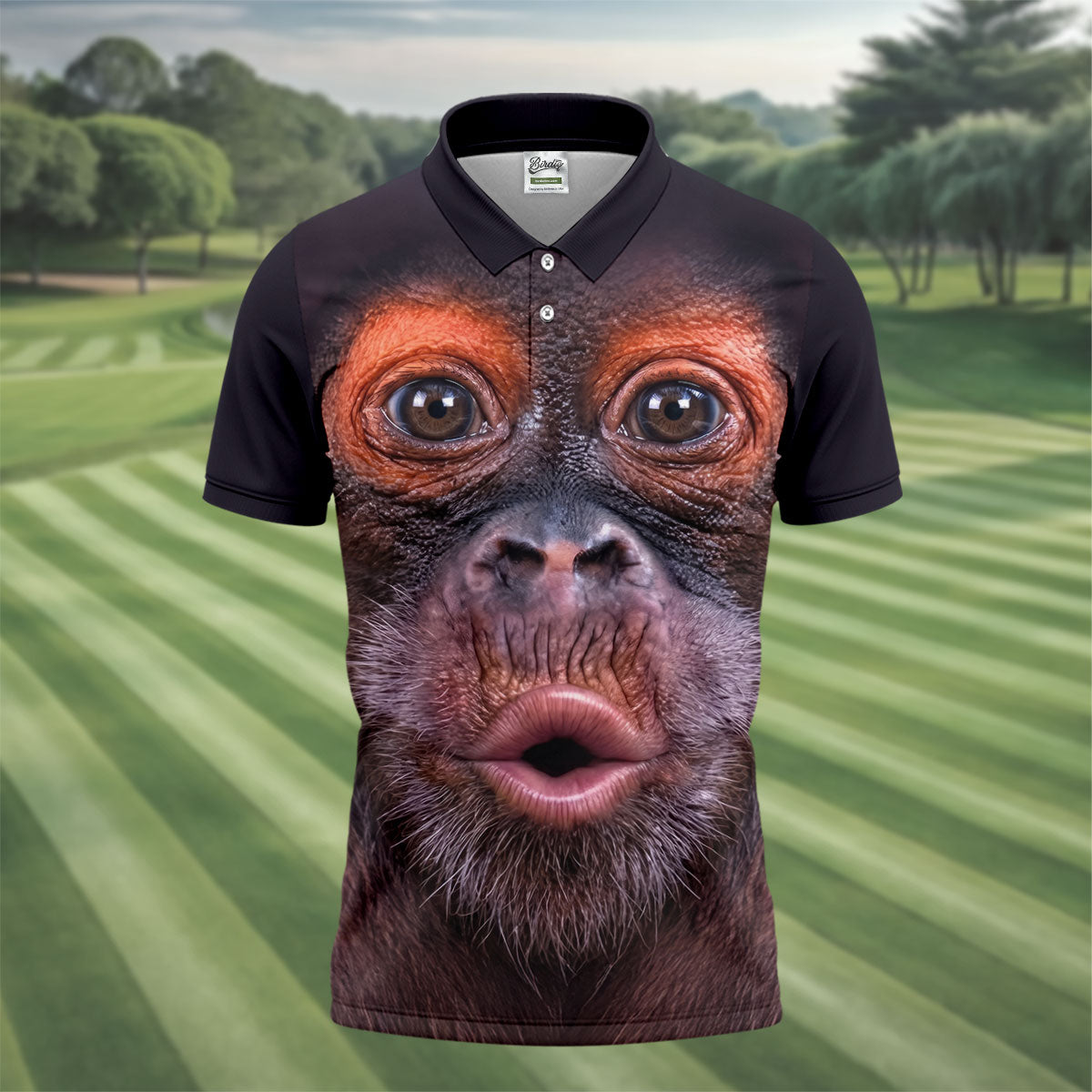 Funny Monkey Face Closeup Print Hawaiian Golf Polo, Golf Tops For Men, Golfing Apparel
