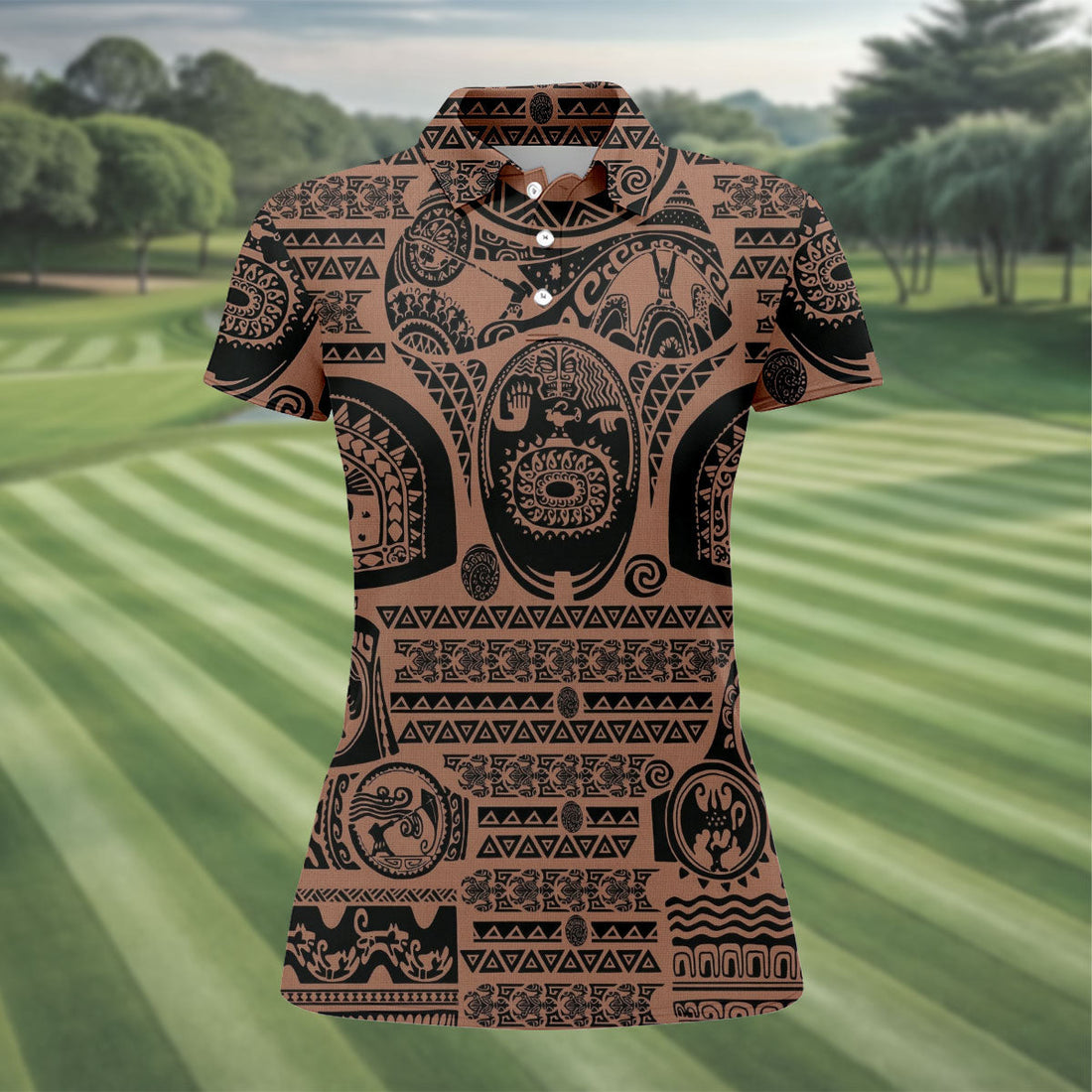 Maori Tattoo Pattern with Traditional Tiki Mask Hawaiian Golf Polo, Golf Tops For Women, Golfing Apparel