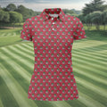 Christmas Golf Cart Pattern Red Women's Golf Tops, Christmas Golf Shirt, Polo Shirts For Women