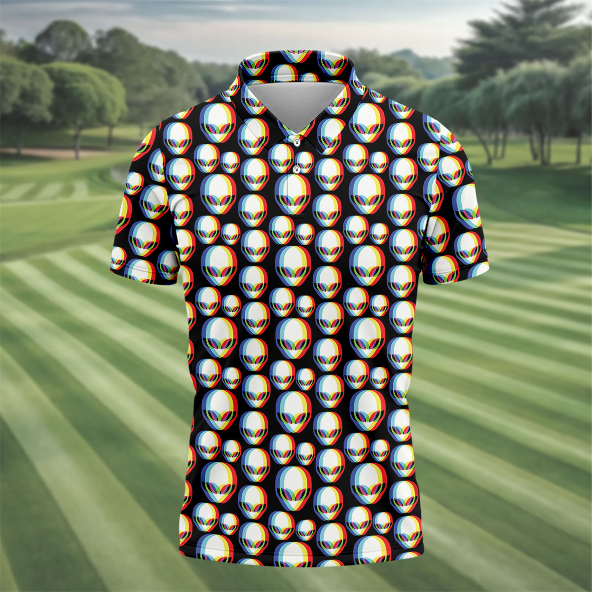 Retro Alien Head Pattern Golf Shirt, Men’s Golf Shirt, Golf Polo Shirts For Men