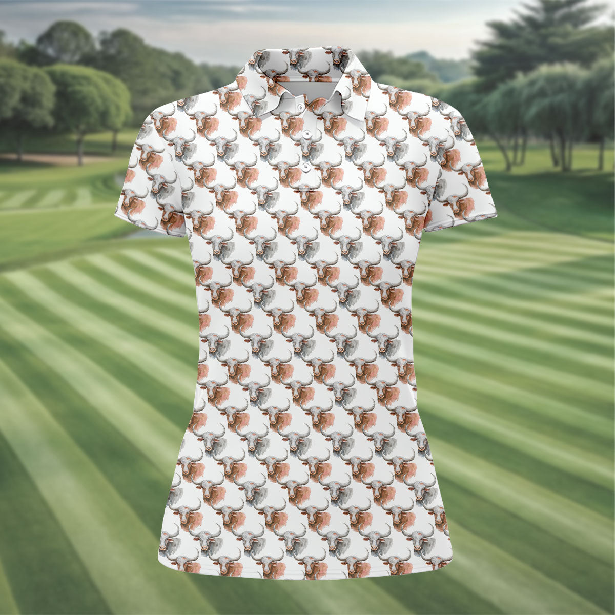 Longhorn Watercolor Pattern Golf Polo Shirt, Golf Tops For Women, Hawaiian Golf Shirt