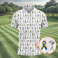 Stick Figure Golf Pose Autism Ribbon White Golf Shirt, Autism Awareness Colors Golf Shirts For Men