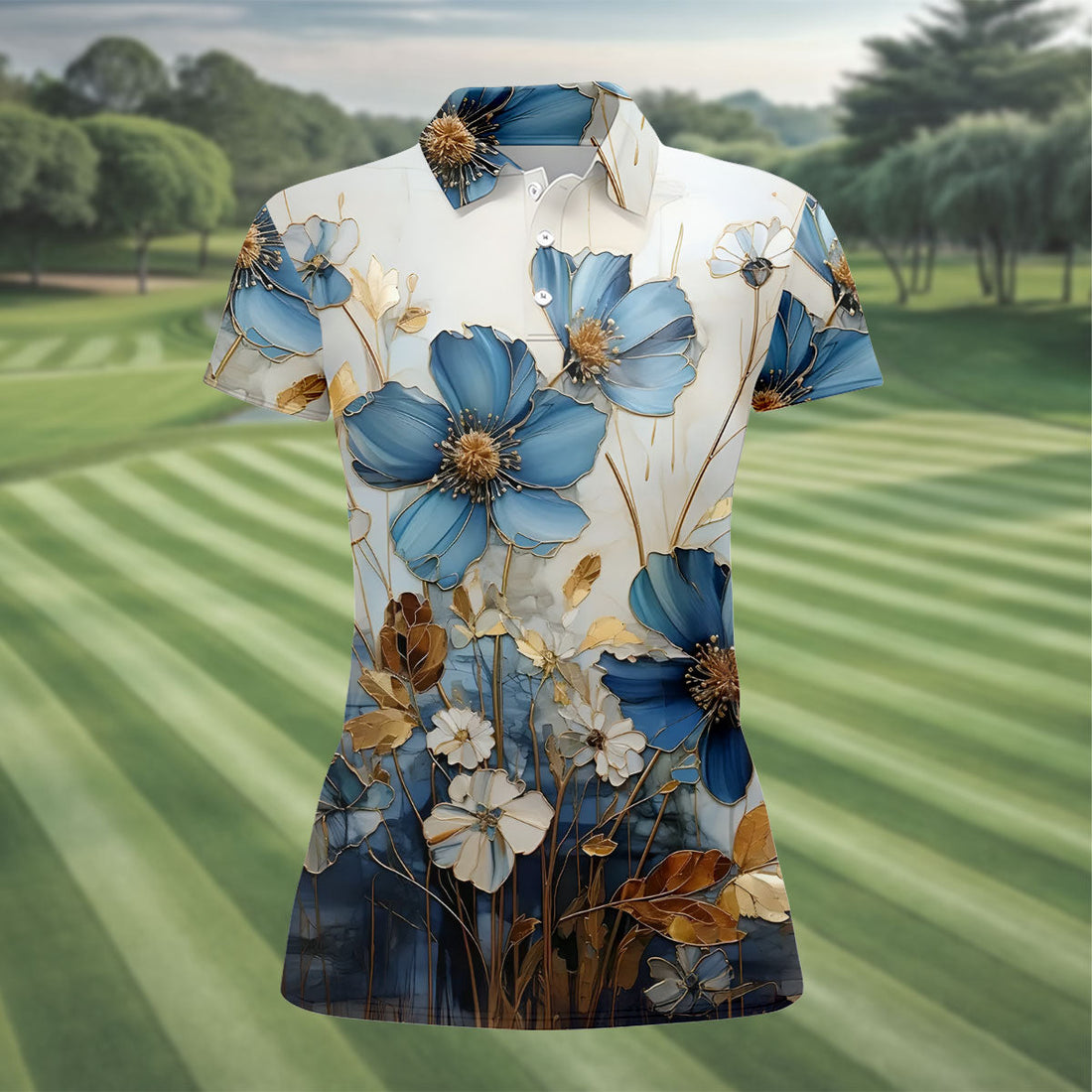 Blue And Gold Botanical Floral Hawaiian Golf Shirt, Women's Golf Tops, Ladies Golf Shirts