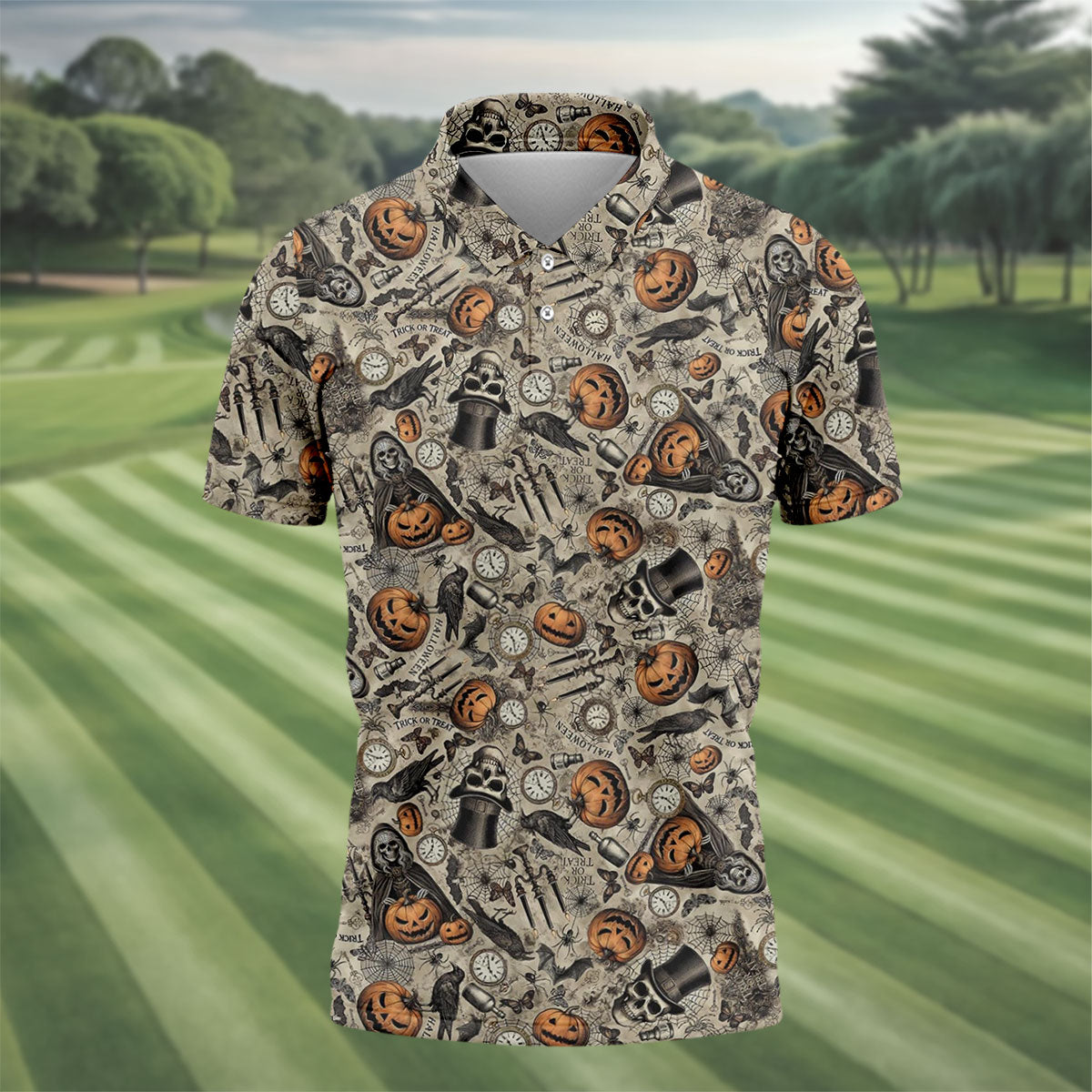 Vintage Pumpkin Skull Halloween Golf Shirt, Golf Shirts For Men, Golf Apparel For Men