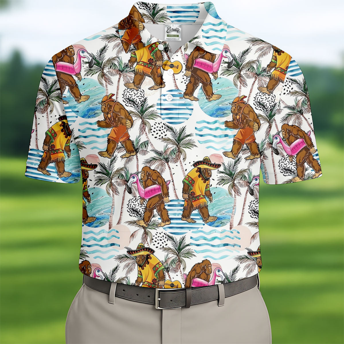 Bigfoot With Flamingo Float And Guitar Tropical Pattern Hawaiian Golf Polo, Golf Gift For Men, Golfing Apparel