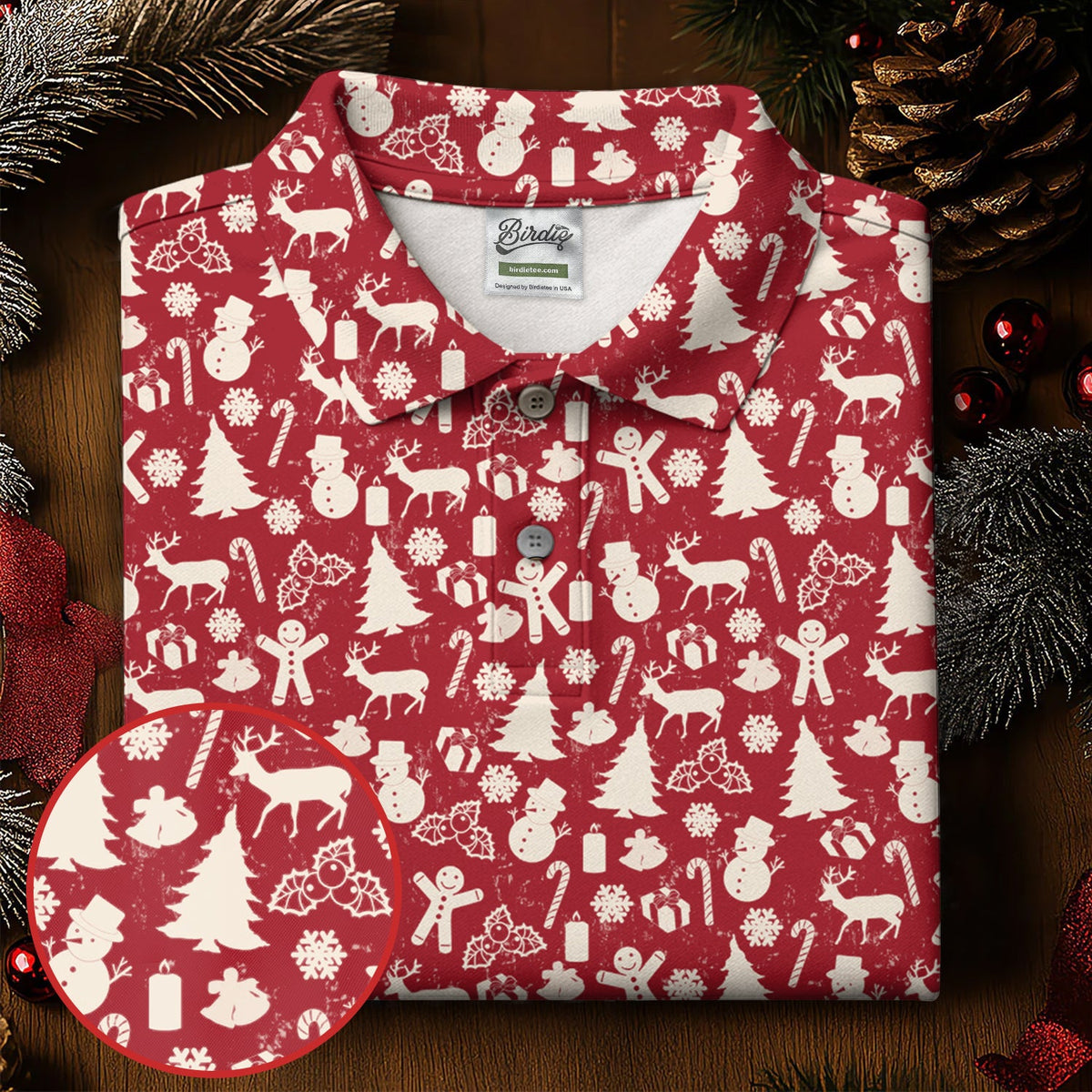 Gingerbread Man Christmas Pine Tree Candy Canes Red And White Polo Shirts For Men, Christmas Golf Shirt