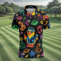 Jet Black Neon Duck Tropical Pattern Hawaiian Golf Shirt, Golf Shirts For Men, Polo Shirts For Men
