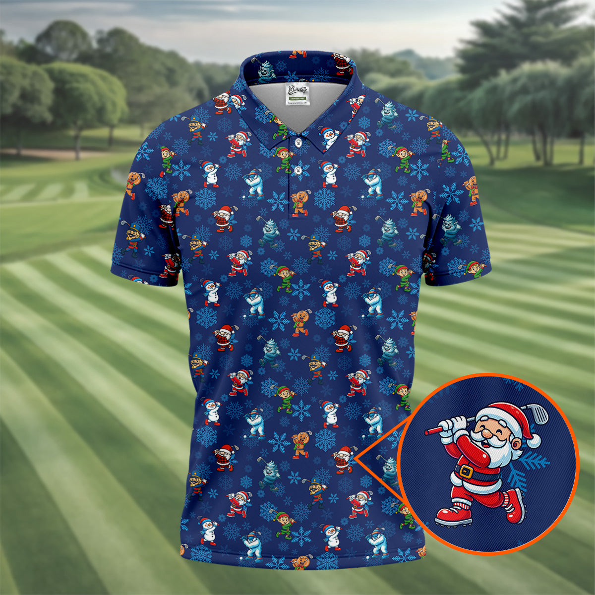 Funny Christmas Characters Golf Pose Navy Golf Shirt, Christmas Golf Shirt, Polo Shirts For Men