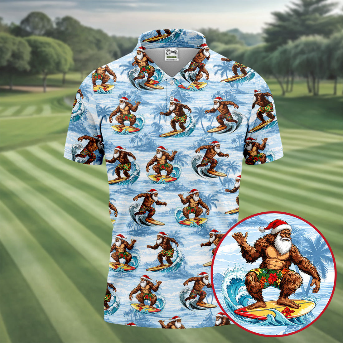Funny Surfing Santa Bigfoot Christmas Polo Shirt, Mens Golf Polo, Hawaiian Golf Shirt