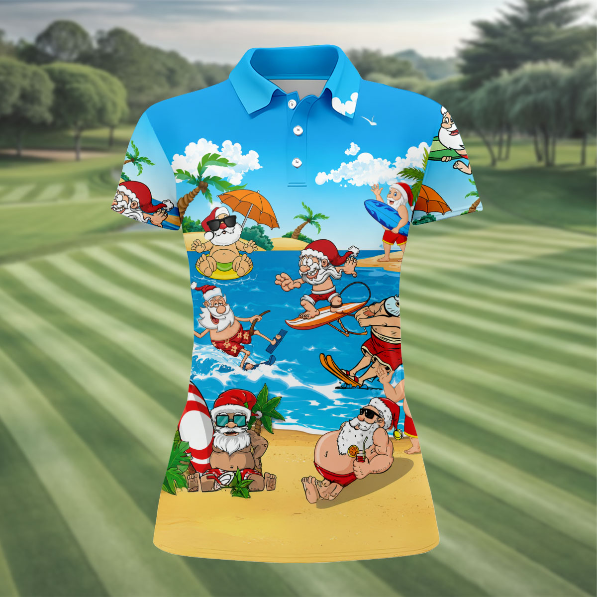 Santa Claus Summer Beach Party Golf Shirt, Golf Polo For Women, Christmas Golf Shirt