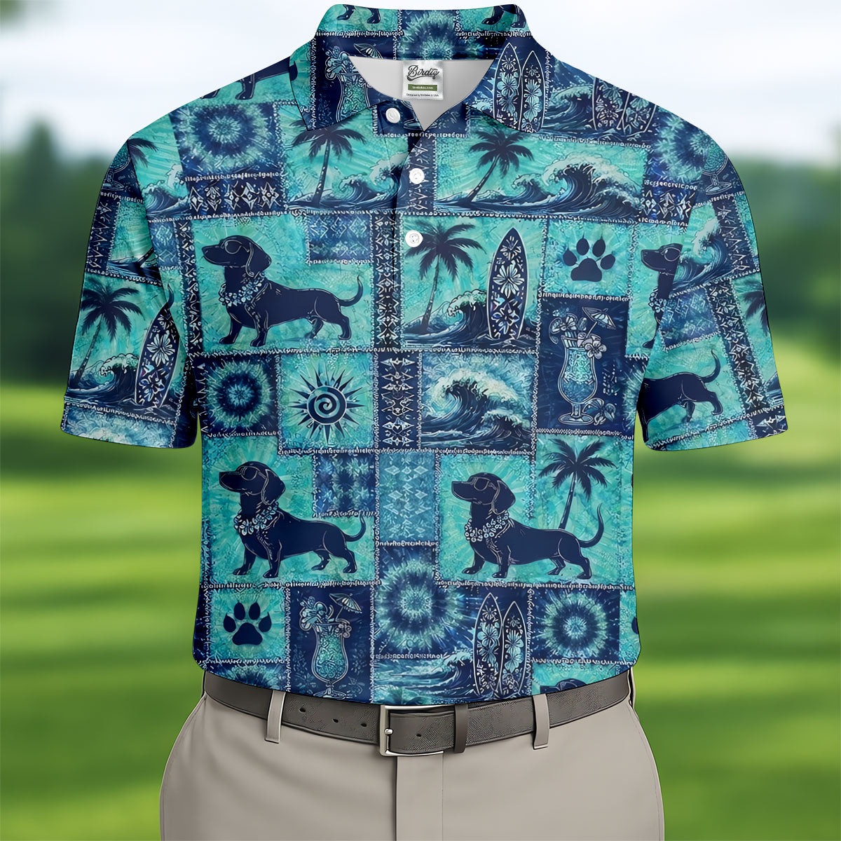 Funny Tropical Dog Surf Patchwork Golf Polo Shirt, Mens Golf Polo, Printed Golf Shirts