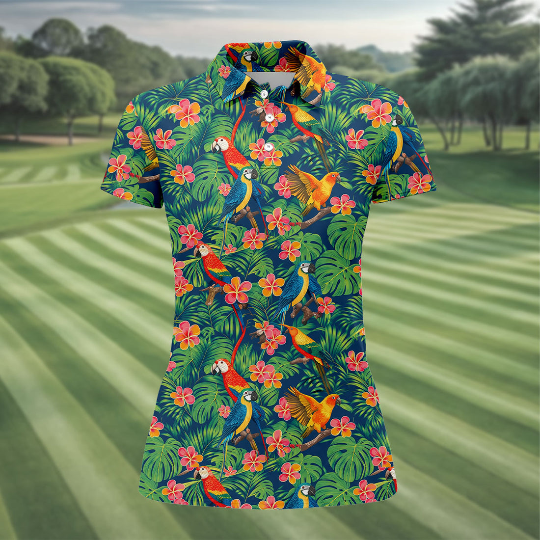 Tropical Parrot Jungle with Plumeria Blossoms Hawaiian Golf Polo, Golf Tops For Women, Golfing Apparel