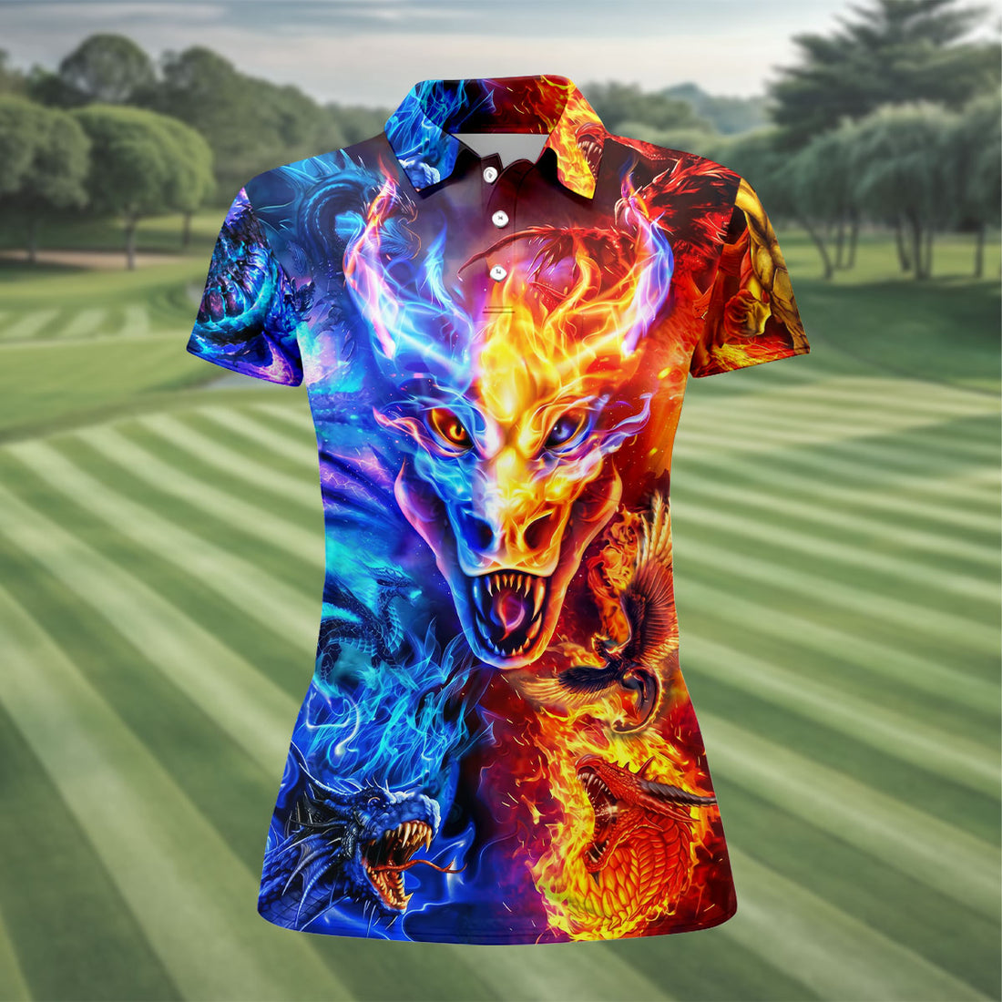 Fire And Ice Dragon Hawaiian Golf Shirt, Retro Golf Shirt, Women's Golf Tops, Ladies Golf Shirts