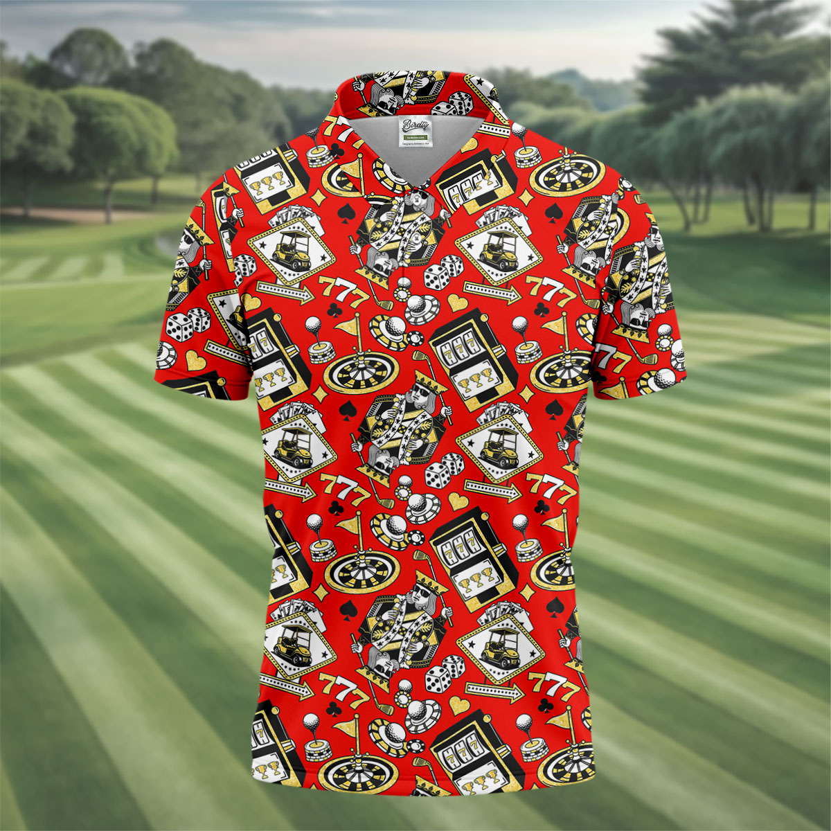 Casino Golf Pattern Red Hawaiian Golf Polo Shirt, Mens Golf Polo, Polo Shirts For Men