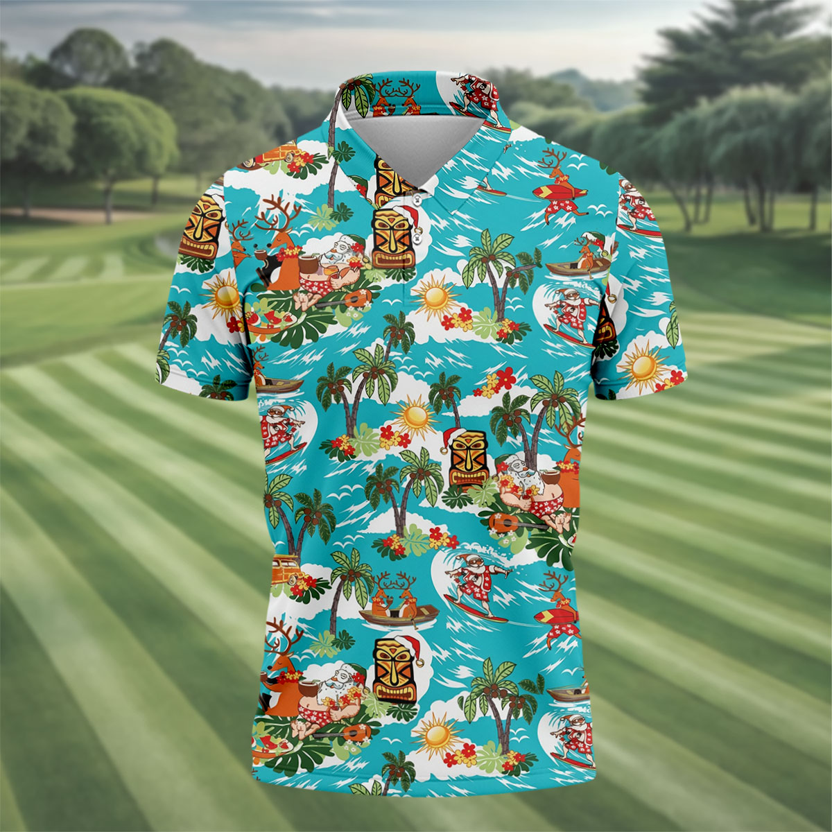 Men's Funny Surfing Santa Hawaiian Golf Shirt, Christmas Golf Shirt, Fun Golf Polo For Men