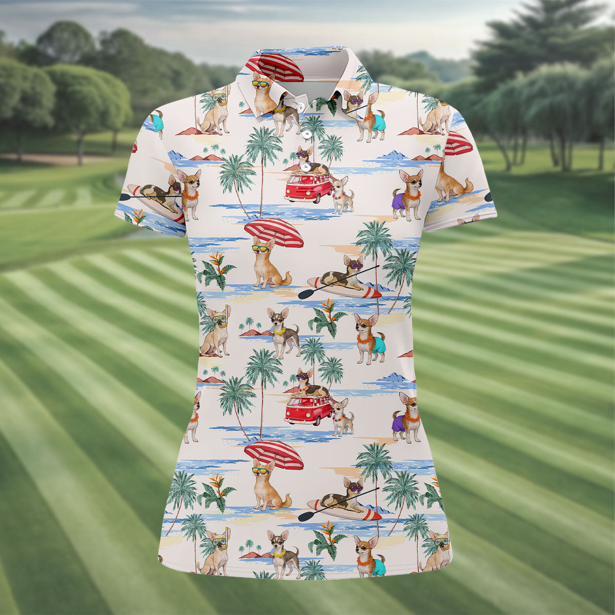 Summer Chihuahua Paradise Pattern Hawaiian Golf Polo, Golf Tops For Women, Golfing Apparel