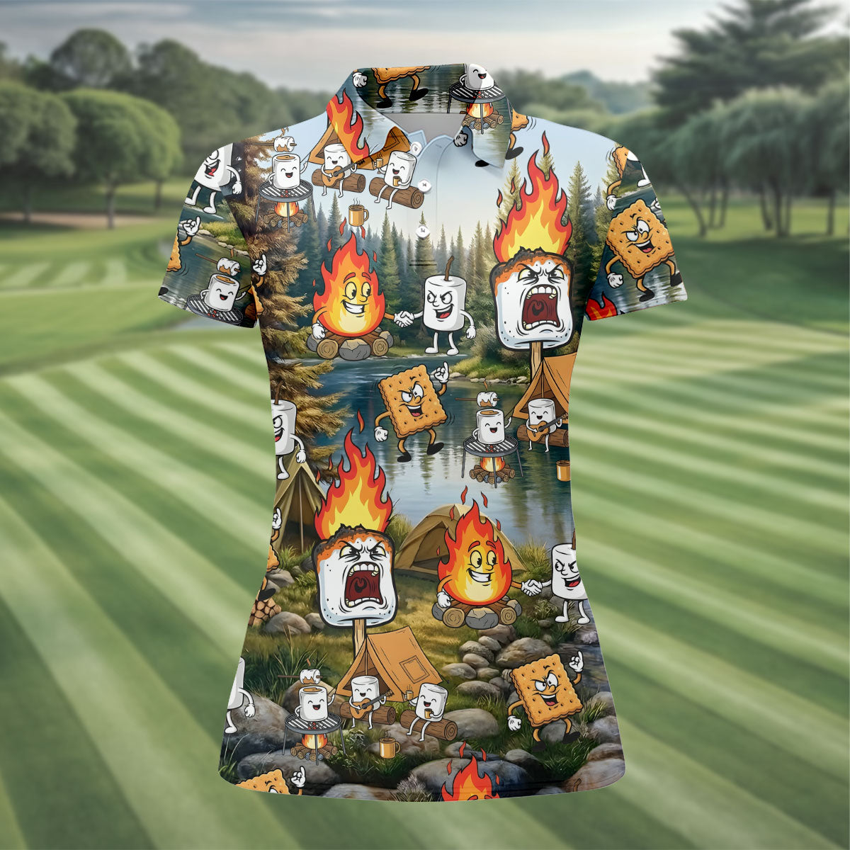 Cartoon Marshmallow, Graham Cracker and Campfire Characters Lake Camping Hawaiian Golf Polo, Golf Tops For Women, Golfing Apparel
