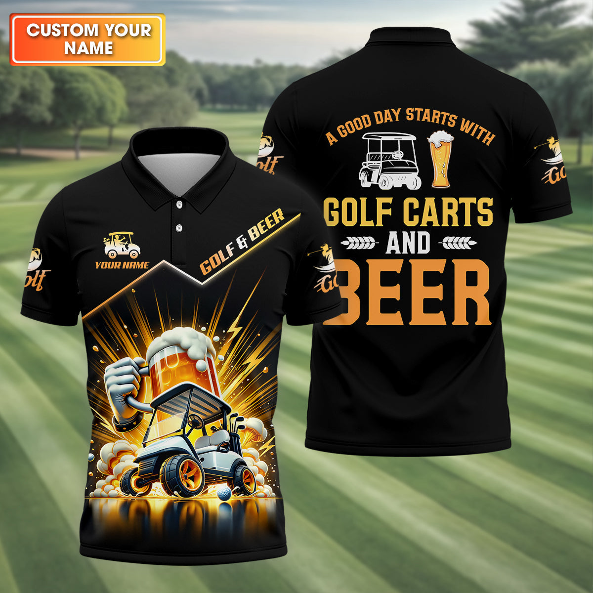 A Good Day Starts With Golf Carts And Beer Custom Men's Golf Polo Shirt, Dad Golf Gift