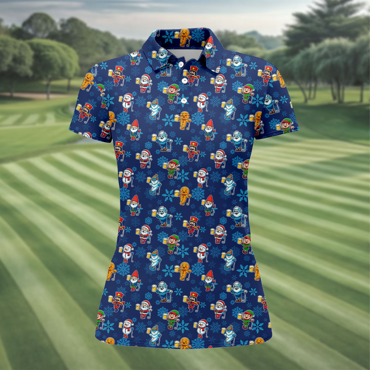 Christmas Characters Golf And Beer Navy Women's Funny Golf Shirts, Christmas Golf Shirt, Polo Shirts For Women