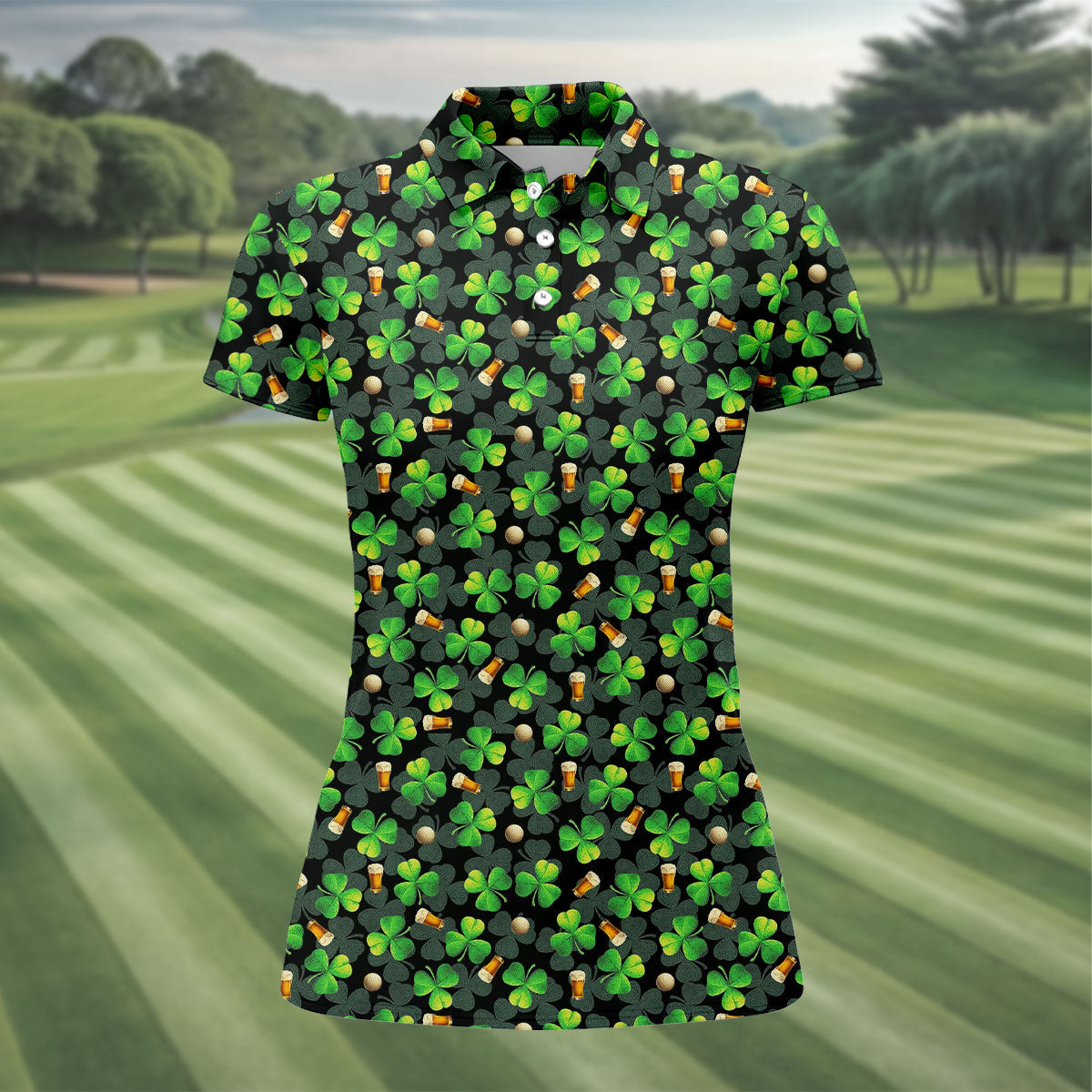 St Patrick's Day Beer Golf Ball Pattern Shamrock Golf Shirt, Women's Golf Tops, Ladies Golf Polos