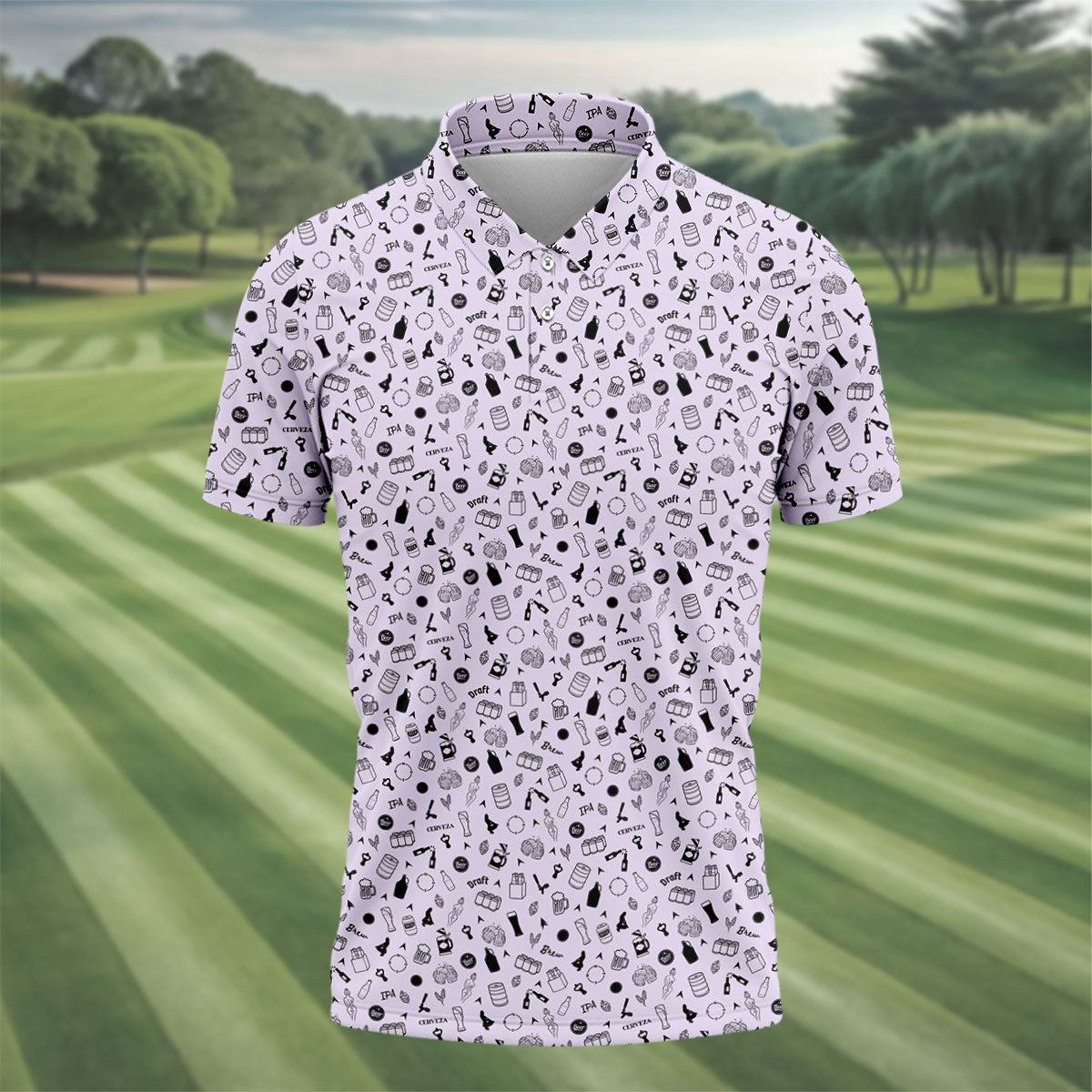 Light Purple Beer Brewing Icons Pattern Polo Shirt, Golf Apparel For Men, Printed Golf Shirts