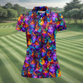 Psychedelic Cat Golf Shirt, Colorful Neon Cat Pattern, Polo Shirts For Women