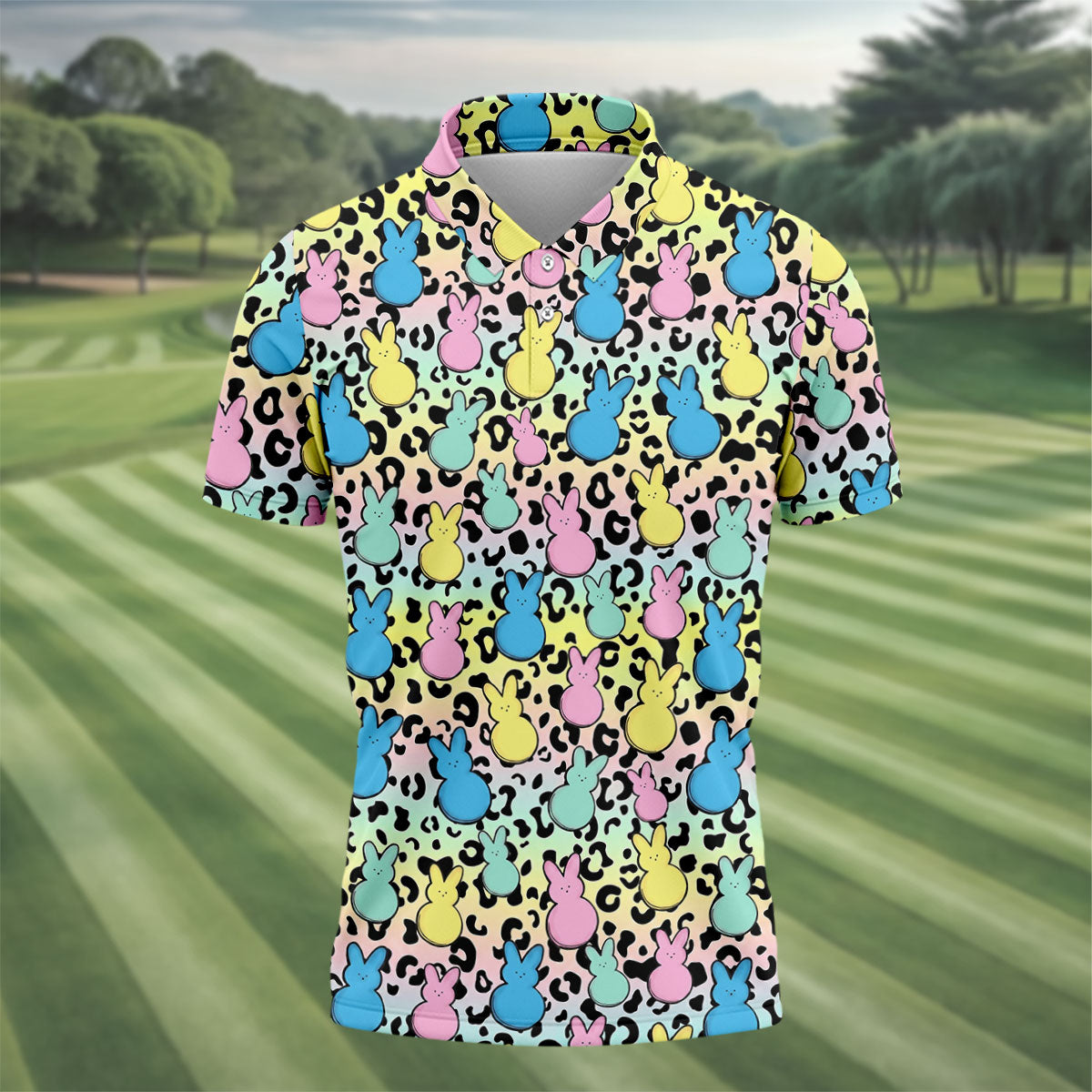 Pastel Easter Bunny Leopard Print Polo Shirt, Mens Golf Apparel, Hawaiian Golf Shirt, Printed Golf Shirts
