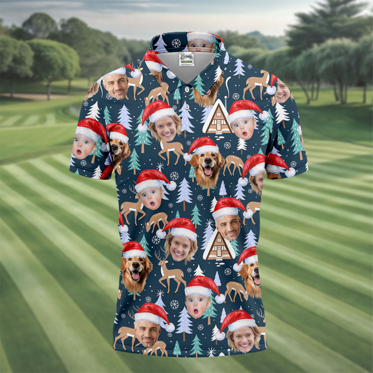 Custom Face Pine Tree Reindeer Dark Teal Green Christmas Golf Shirt, Golf Shirts For Men, Golf Gift For Men
