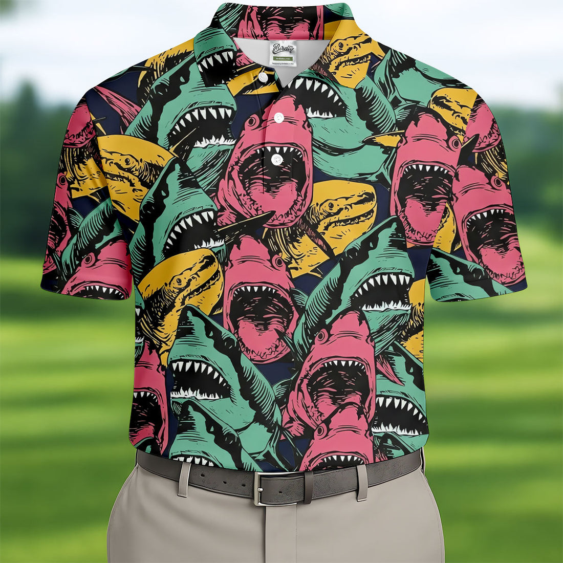 Colorful Vintage Shark Pattern Hawaiian Golf Shirt, Golf Apparel For Men, Printed Golf Shirts