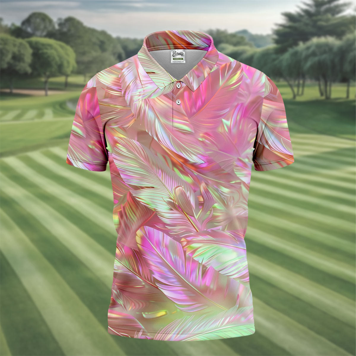 Pastel Gradient Feather Hawaiian Golf Shirt, Golf Tops For Men, Golf Shirts For Men