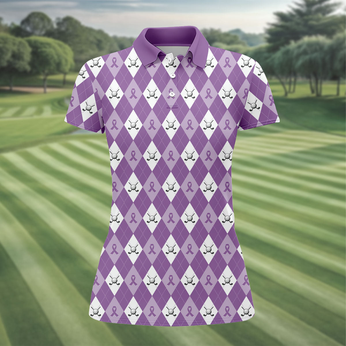 Pancreatic Cancer Purple And White Argyle Pattern Ladies Golf Shirts, Cancer Awareness Shirt