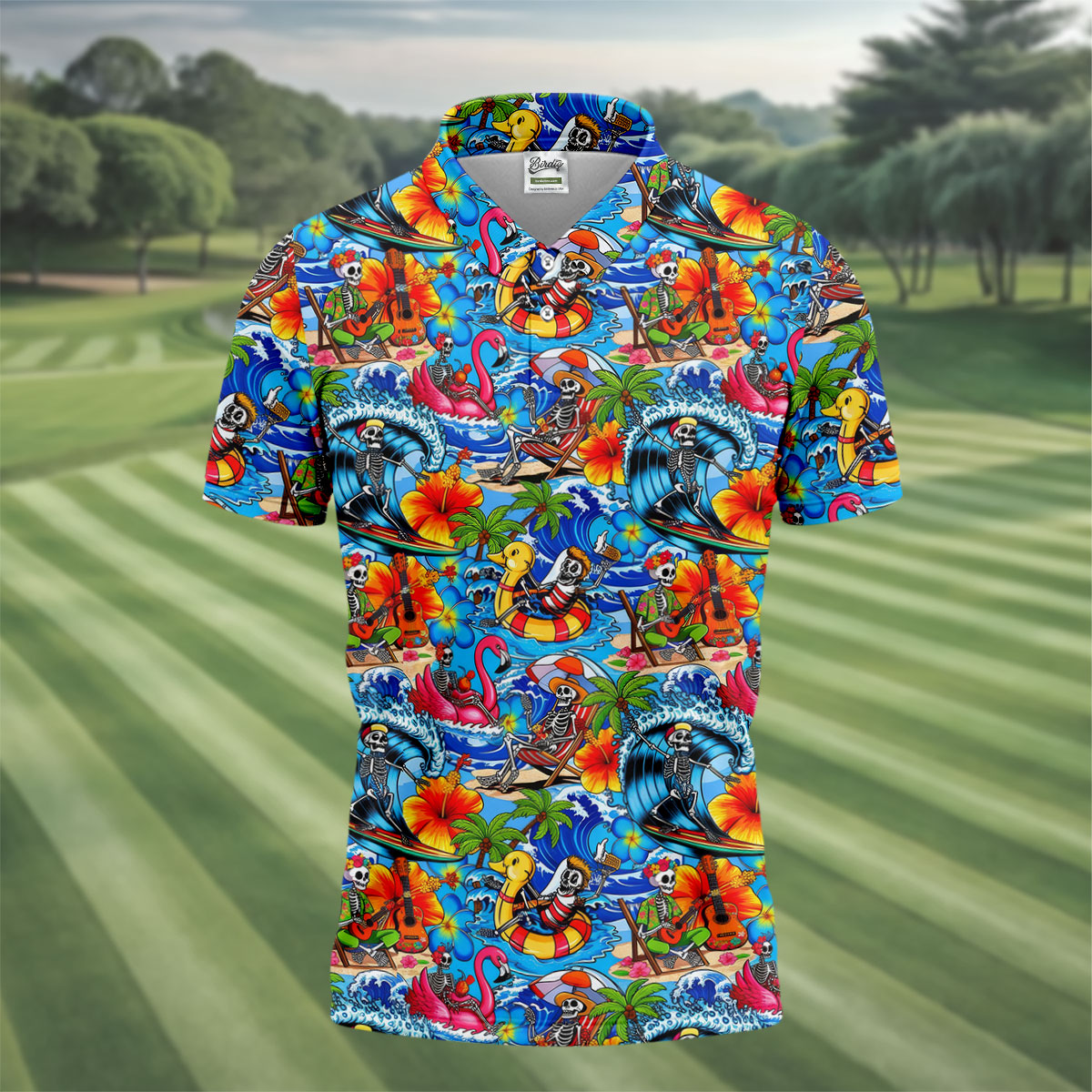 Blue Tropical Skeleton Surfer Pattern Golf Polo Shirt, Men's Golf Shirt, Golf Polo Shirts For Men