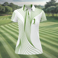 Geometric Line Wavy Line Green And White Women's Golf Tops, Ladies Golf Shirts, Women's Polo Shirt