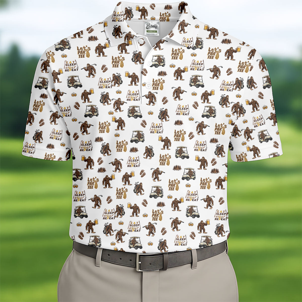 Let's Par Tee Bigfoot Golf Pattern Men's Golf Shirt, Golf Apparel For Men, Printed Golf Shirts