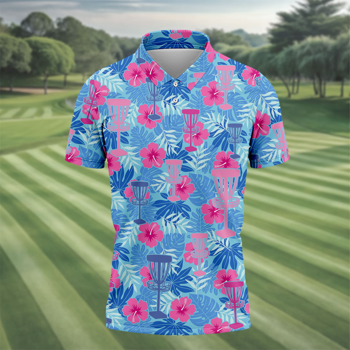 Blue Hibiscus Disc Golf Polo Shirt, Hawaiian Golf Shirt, Mens Golf Shirts