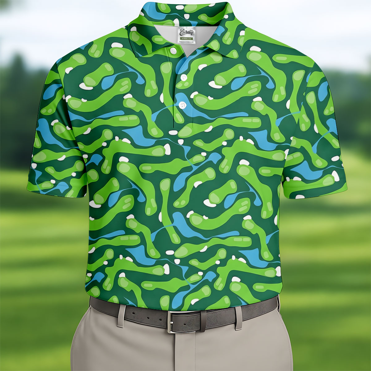 Golf Course Layout Golf Shirt, Fairway Water Hazard Pattern, Golf Shirt For Men