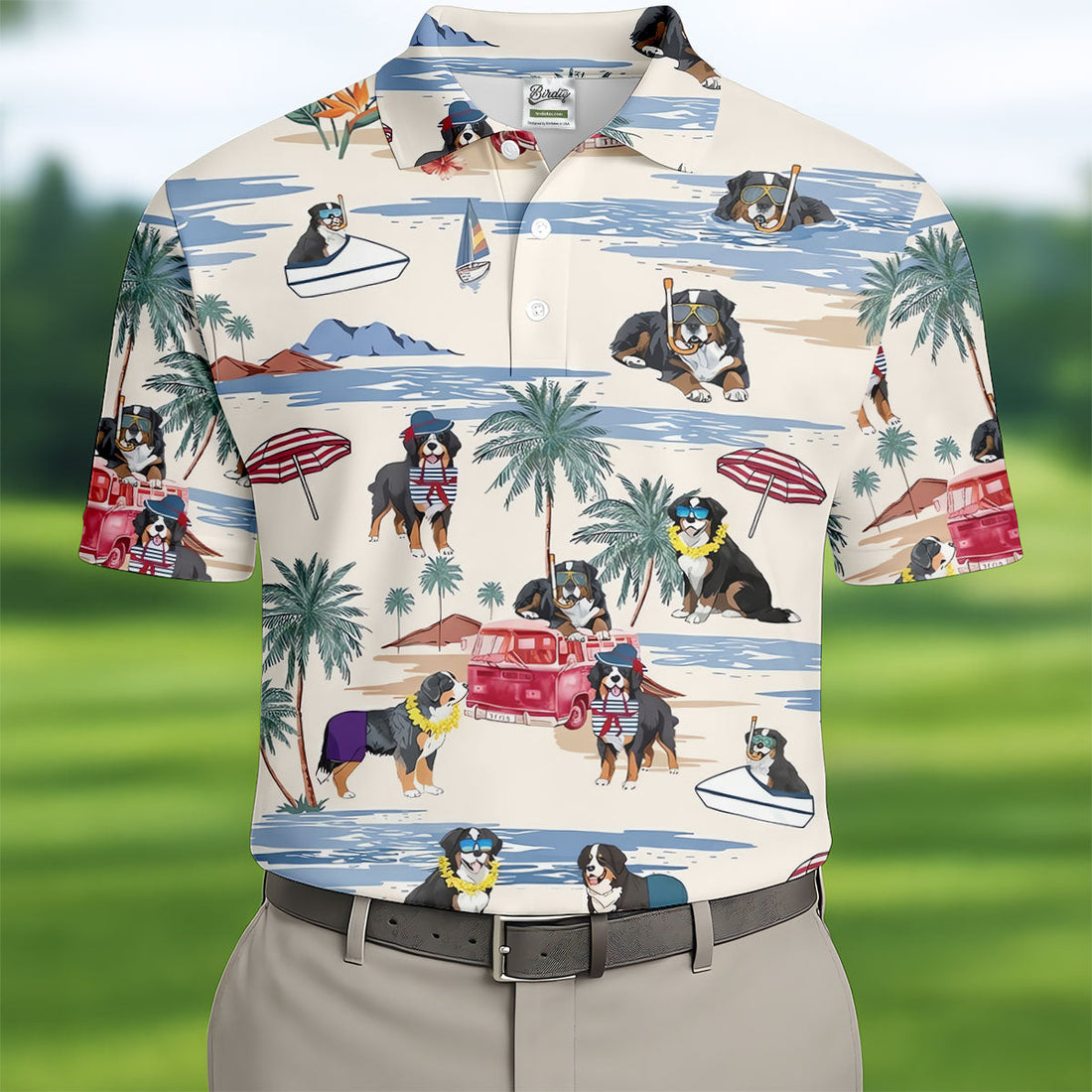 Tropical Bernese Mountain Dog Beach Hawaiian Golf Polo Shirt, Printed Golf Shirts, Golf Apparel For Men