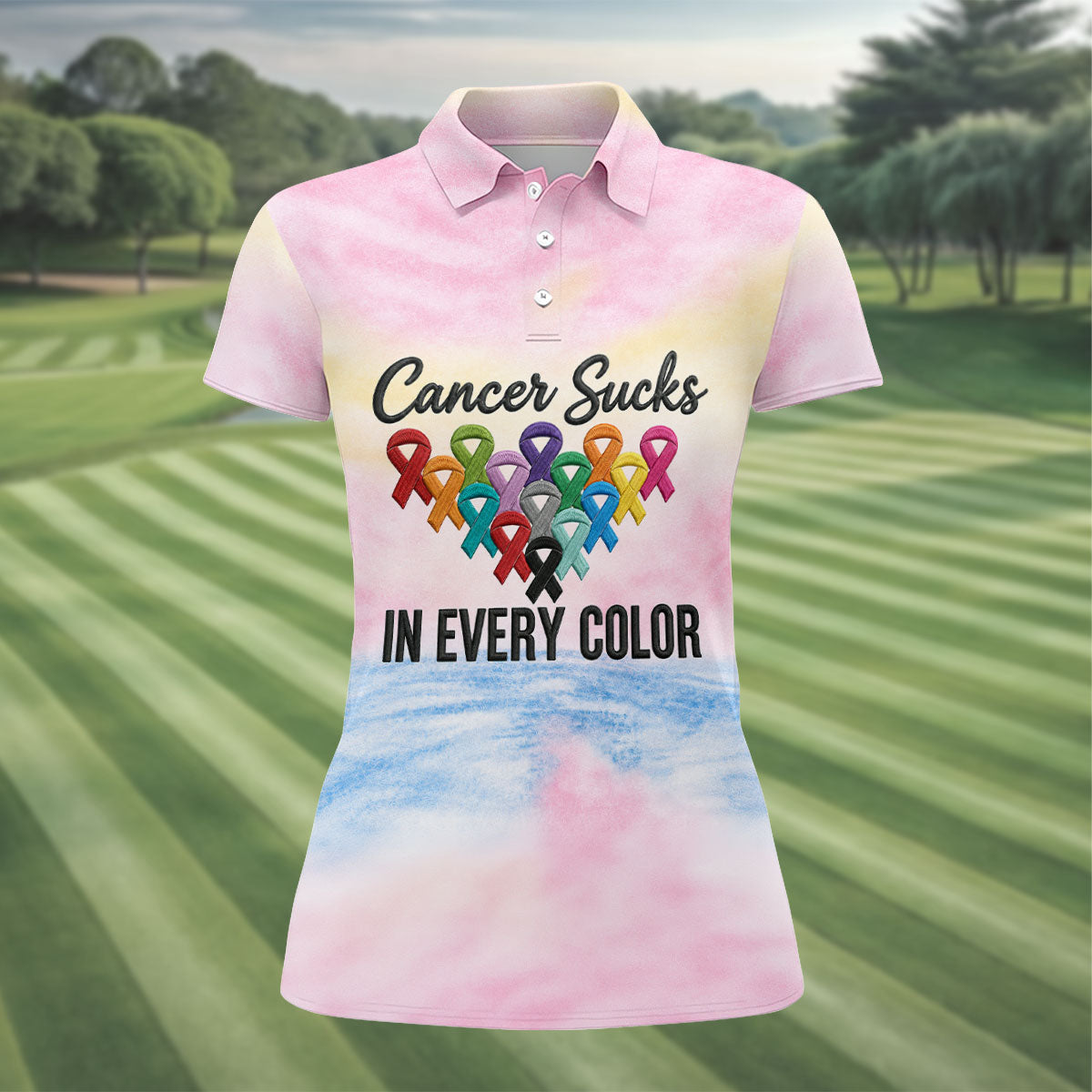 Cancer Sucks In Every Color Ribbon Polo Shirt, Ladies Golf Tops, Women’s Golf Polo