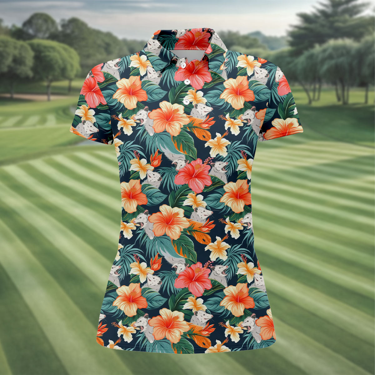 Large Hibiscus Flowers Tropical Vibe Ladies Golf Tops, Hawaiian Golf Shirts, Golf Shirt For Women
