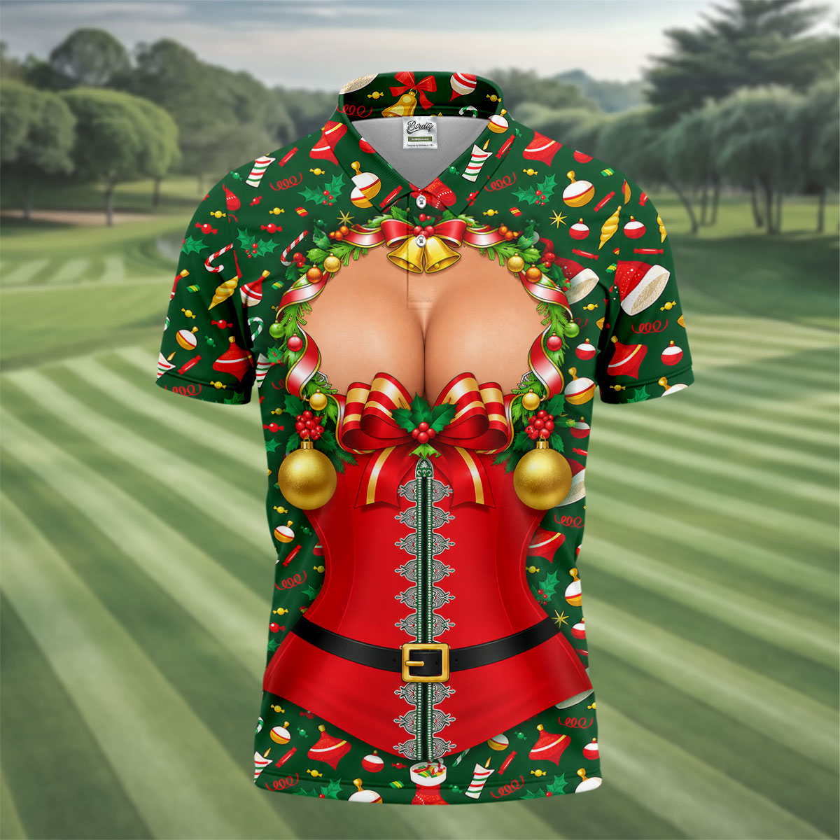 Festive Christmas Corset Bow Golf Polo Shirt, Christmas Golf Shirt, Mens Golf Apparel