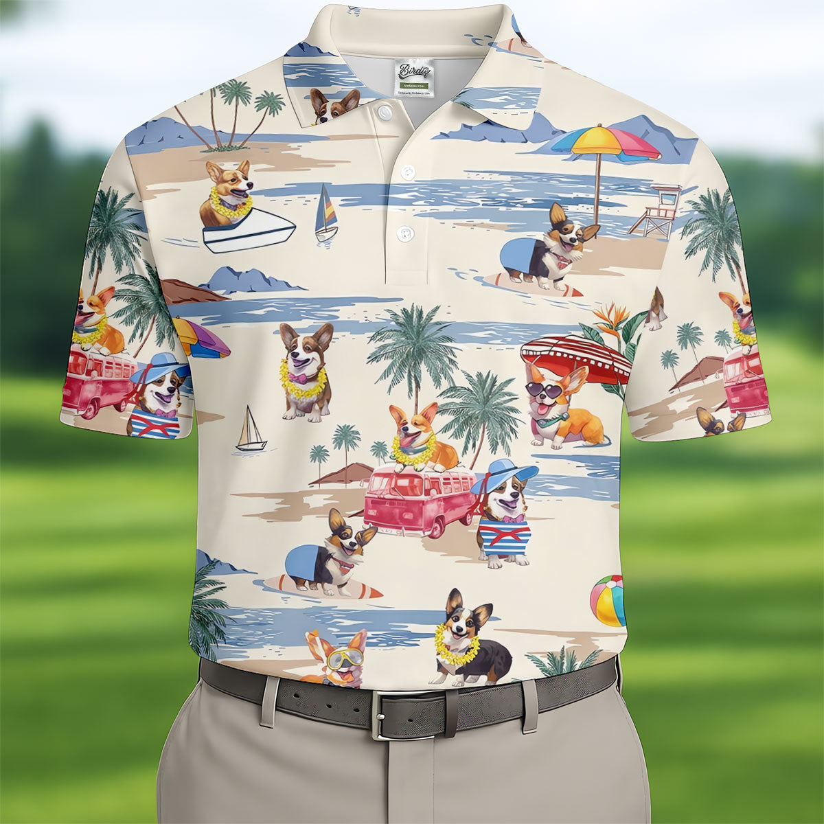 Cute Corgi Beach Vacation Golf Polo Shirt, Golf Polo Shirts For Men, Mens Golf Apparel