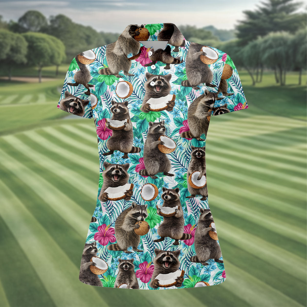 Funny Raccoons Enjoying Coconuts Design Hawaiian Golf Polo, Golf Tops For Women, Golfing Apparel